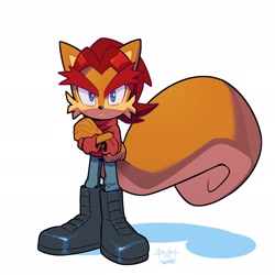 Size: 2048x2048 | Tagged: safe, artist:ben bates, artist:matt herms, elias acorn (sonic), mammal, rodent, squirrel, archie sonic the hedgehog, sega, sonic the hedgehog (series), 2020, blue eyes, boots, bottomwear, brown body, brown fur, cheek fluff, clothes, crossed arms, eyebrows, fluff, fur, hair, looking at you, male, pants, red hair, shirt, shoes, simple background, solo, solo male, tail, topwear, white background