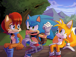 Size: 1280x960 | Tagged: safe, artist:dariidrawsindreams, miles "tails" prower (sonic), princess sally acorn (sonic), sonic the hedgehog (sonic), canine, chipmunk, fox, hedgehog, mammal, red fox, rodent, anthro, archie sonic the hedgehog, sega, sonic the hedgehog (satam), sonic the hedgehog (series), 2019, backpack, blue body, blue eyes, blue fur, boots, brown body, brown fur, cheek fluff, chest fluff, clothes, female, fluff, fur, gloves, green eyes, group, hair, jacket, male, mountain, multiple tails, plant, red hair, redraw, shoes, sitting, sky, sneakers, tail, topwear, tree, trio, two tails, yellow body, yellow fur