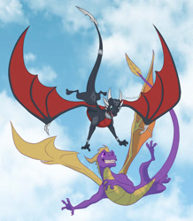 Size: 1117x1280 | Tagged: safe, artist:xannador, cynder the dragon (spyro), spyro the dragon (spyro), dragon, fictional species, reptile, scaled dragon, western dragon, spyro the dragon (series), the legend of spyro, 2022, dragon wings, dragoness, duo, female, flying, looking at each other, male, spread wings, tail, tail blade, wings