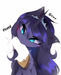 Size: 2600x3200 | Tagged: safe, artist:magnaluna, princess celestia (mlp), princess luna (mlp), alicorn, equine, fictional species, mammal, pony, feral, friendship is magic, hasbro, my little pony, 2022, behaving like a cat, biting, blue eyes, crown, cute, eye through hair, female, growling, hair, headwear, high res, hoof shoes, hooves, horn, jewelry, mare, offscreen character, regalia, siblings, simple background, sister, sisters, solo focus, sparkly hair, sparkly mane, sparkly tail, unshorn fetlocks, white background