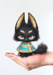 Size: 491x700 | Tagged: safe, artist:silverfox5213, anubis, anubian jackal, canine, human, jackal, mammal, semi-anthro, 2022, ambiguous gender, big head, black body, black fur, cheek fluff, chibi, clothes, cute, digital art, digital painting, disembodied hand, duo, fluff, front view, fur, looking at you, male, male focus, mixed media, offscreen character, paw pads, paws, photo, simple background, sitting, smol, solo focus, tail, tail fluff, underpaw, watermark, whiskers