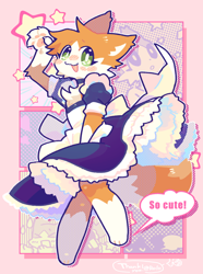 Size: 668x900 | Tagged: safe, artist:men_cho7, oc, oc only, oc:rolo (rolo), anthro, 2021, ambiguous gender, blushing, clothes, commission, ear fluff, fluff, fur, maid outfit, open mouth, open smile, paws, smiling, solo, solo ambiguous, speech bubble, stars, tail, text