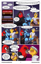 Size: 1295x2000 | Tagged: suggestive, artist:drako1997, jewel (rio), bird, canary, cardinal, macaw, parrot, red-crested cardinal, songbird, spix's macaw, anthro, digitigrade anthro, comic:party in ipanema baby, blue sky studios, rio, 2022, alcohol, beak, bedroom eyes, beer, beer bottle, belly button, bottomwear, breasts, clothes, comic, couch, dare, dialogue, digital art, drink, eyes closed, female, fur, game controller, gay in front of girls, group, hair, kissing, male, male/male, nico (rio), open mouth, pedro (rio), shirt, shorts, sitting, speech bubble, tail, talking, television, text, thighs, topwear, trio, video game, wide hips, yellow canary