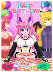 Size: 941x1280 | Tagged: safe, artist:shinn, oc, oc only, canine, eeveelution, fictional species, fox, mammal, sylveon, anthro, nintendo, pokémon, 2022, abs, balloon, belly button, birthday cake, bottomwear, breasts, cake, clothes, commission, detailed background, digital art, ears, evening gloves, eyelashes, eyes closed, female, food, fur, gloves, group, hair, long gloves, male, muscles, open mouth, pecs, ribbons (body part), shirt, shorts, tail, tank top, topwear, trio, vixen, wide hips