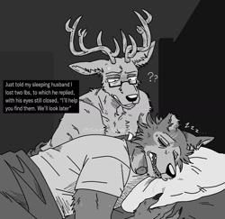 Size: 1080x1049 | Tagged: safe, artist:sour_popsicle, legoshi (beastars), louis (beastars), canine, cervid, deer, mammal, wolf, anthro, beastars, 2022, anthro/anthro, antlers, bed, duo, duo male, english text, glasses, grayscale, indoors, interspecies, male, male/male, males only, monochrome, older, on bed, open mouth, pillow, question mark, sharp teeth, shipping, signature, sleeping, teeth, text, zzz