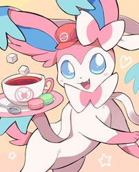 Size: 1616x2000 | Tagged: safe, artist:komanychi, eeveelution, fictional species, mammal, sylveon, feral, nintendo, pokémon, 2022, 2d, ambiguous gender, blue eyes, clothes, container, cup, cute, cute little fangs, drink, fangs, food, hat, headwear, heart, macaron, open mouth, open smile, plate, smiling, solo, solo ambiguous, spoon, sugar cube, tea, teeth
