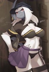 Size: 2787x4096 | Tagged: safe, artist:zinfyu, absol, fictional species, mammal, anthro, nintendo, pokémon, 2022, breasts, clothes, female, fishnet, fishnet stockings, hair, horn, legwear, see-through, solo, solo female, stockings, tail, thighs, white hair