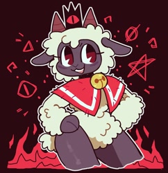 Size: 1542x1596 | Tagged: safe, artist:candiewrapper_, lamb (cult of the lamb), bovid, caprine, lamb, mammal, sheep, anthro, cult of the lamb, 2022, ambiguous gender, cloak, crown, headwear, jewelry, red crown (cult of the lamb), regalia