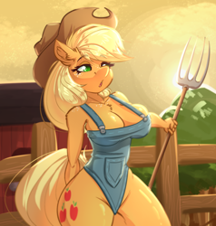 Size: 3080x3232 | Tagged: safe, artist:witchtaunter, applejack (mlp), earth pony, equine, fictional species, mammal, pony, anthro, friendship is magic, hasbro, my little pony, 2022, anthrofied, barn, big breasts, blonde hair, blonde mane, blonde tail, breasts, chest fluff, cleavage, clothes, denim, ear fluff, eyebrow through hair, eyebrows, farm, female, fence, fluff, green eyes, hair, hat, headwear, high res, lidded eyes, mane, one-piece swimsuit, orange body, overalls, pitchfork, plant, solo, solo female, stetson, sunset, swimsuit, tail, tree, wide hips
