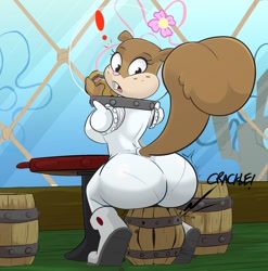 Size: 1013x1024 | Tagged: suggestive, artist:bunslewd, sandy cheeks (spongebob), mammal, rodent, squirrel, anthro, nickelodeon, spongebob squarepants (series), 2022, big butt, burger, butt, exclamation point, female, food, krabby patty, lettuce, looking back, meat, onion, solo, solo female, vegetables