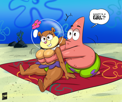 Size: 2500x2100 | Tagged: suggestive, artist:joaoppereiraus, patrick star (spongebob), sandy cheeks (spongebob), mammal, rodent, squirrel, starfish, anthro, digitigrade anthro, plantigrade anthro, nickelodeon, spongebob squarepants (series), breast grab, breasts, duo, duo male and female, english text, female, male, male/female, pressure (spongebob), procrastination (spongebob), scene interpretation, sitting, smiling, text, thinking, thought bubble