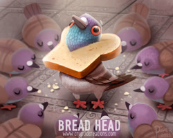 Size: 680x544 | Tagged: safe, artist:cryptid-creations, bird, pigeon, feral, 2d, ambiguous gender, ambiguous only, bread, eating, eyes closed, food, group