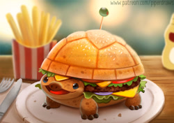 Size: 800x564 | Tagged: safe, artist:cryptid-creations, fictional species, food creature, hybrid, reptile, turtle, feral, 2d, ambiguous gender, burger, cheese, dairy products, food, french fries, lettuce, meat, onion, solo, solo ambiguous, tomato, vegetables