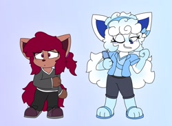 Size: 2048x1499 | Tagged: safe, artist:jkop, oc, oc only, oc:ash (jkop), oc:holly (jkop), alolan vulpix, fictional species, mammal, vulpix, anthro, nintendo, pokémon, 2022, big ears, big tail, blue body, blue fur, blue hair, blue nose, blue tail, bottomwear, brown body, brown fur, brown nose, cell phone, clothes, duo, duo female, ears, female, females only, flip flops, flip phone, freckles, fur, grin, hair, hair band, hair tie, jacket, multicolored fur, multicolored hair, multicolored tail, multiple tails, nervous, one eye closed, pants, phone, ponytail, red eyes, red hair, red tail, shirt, shoes, simple background, tail, topwear, two toned body, two toned fur, two toned hair, two toned tail, white body, white fur, white hair, white tail, winking, younger