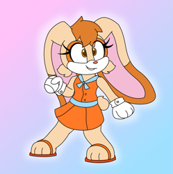 Size: 2305x2314 | Tagged: safe, artist:jkop, cream the rabbit (sonic), lagomorph, lop eared, mammal, rabbit, anthro, sega, sonic the hedgehog (series), 2022, 3 toes, bottomwear, brown eyes, clothes, cream body, cream fur, female, fur, gloves, gradient background, hair, high res, huge ears, long eyelashes, older, older cream the rabbit, pink nose, sandals, shoes, short tail, skirt, sleeveless, smiling, solo, solo female, tail, teenager, topwear, two toned ears, white gloves