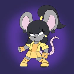 Size: 2100x2100 | Tagged: safe, artist:jkop, oc, oc only, mammal, mouse, rodent, anthro, 2022, big ears, black hair, black nose, blue eyes, bottomwear, clothes, ears, female, fur, gloves, gradient background, gray body, gray fur, hair, high res, jacket, long tail, ponytail, purple background, shirt, shorts, simple background, skirt, solo, solo female, tail, topwear