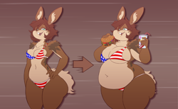 Size: 4641x2853 | Tagged: suggestive, artist:goblinhordestudios, oc, oc only, oc:shirley (amber-calliope), fictional species, hybrid, jackalope, lagomorph, mammal, rabbit, anthro, 2022, 5 fingers, abstract background, american flag bikini, belly button, big butt, breasts, brown body, brown fur, brown hair, burger, butt, cheese, commission, container, cream body, cream fur, cream tail, cup, dairy products, drinking straw, ear fluff, fat, fat fetish, female, fluff, food, freckles, fur, green eyes, hair, hand on hip, high res, holding, holding food, holding object, huge belly, huge breasts, huge butt, lettuce, looking at you, meat, multicolored fur, obese, onion, open mouth, open smile, sequence, shoulder fluff, small breasts, smiling, solo, solo female, thick thighs, thighs, tomato, two toned body, two toned fur, vegetables, weight gain