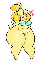 Size: 723x1051 | Tagged: suggestive, artist:msprismatic, isabelle (animal crossing), canine, dog, mammal, shih tzu, anthro, animal crossing, nintendo, 2019, big belly, big breasts, black nose, blushing, bottom heavy, bra, breasts, cleavage, clothes, dot eyes, fat, female, fur, hair, hair tie, heart, hyper, hyper thighs, open mouth, open smile, overweight, panties, simple background, smiling, solo, solo female, tail, underwear, white background, yellow body, yellow fur