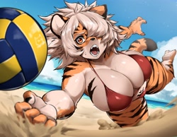 Size: 4096x3171 | Tagged: suggestive, artist:sleepiness18, big cat, feline, mammal, tiger, anthro, ball, beach, big breasts, bikini, breasts, clothes, female, kemono, sand, solo, solo female, swimsuit, thick thighs, thighs, volleyball, wide hips