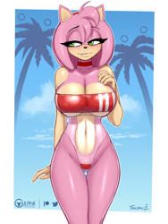 Size: 900x1200 | Tagged: suggestive, artist:tailsrulz, amy rose (sonic), hedgehog, mammal, anthro, sega, sonic the hedgehog (series), 2022, abstract background, belly button, blushing, border, breasts, digital art, female, gris swimsuit meme, one-piece swimsuit, outline, palm tree, plant, red bikini, red swimsuit, signature, solo, solo female, swimsuit, tree, white border, white outline