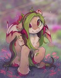 Size: 2960x3770 | Tagged: safe, artist:shuryashish, oc, oc only, equine, fictional species, mammal, pegasus, pony, feral, hasbro, my little pony, 2022, ambiguous gender, brown hair, chest fluff, colored pupils, cream body, cream fur, cute, eye through hair, fluff, fur, green hair, hair, hooves, leaf, long hair, pink body, pink fur, raised hoof, smiling, solo, solo ambiguous, standing, tan body, tan fur, unshorn fetlocks