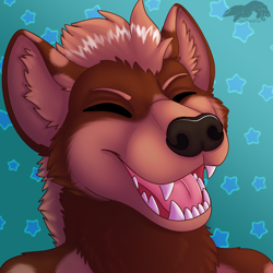 Size: 1500x1500 | Tagged: safe, artist:thatblackfox, hyena, mammal, anthro, eyes closed, laughing, male, maw, smiling, solo, solo male