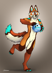 Size: 905x1280 | Tagged: safe, artist:silvixen, oc, oc:sevcoyote, canine, coyote, mammal, anthro, digitigrade anthro, 2022, bowling ball, cheek fluff, chest fluff, claws, complete nudity, ear fluff, featureless crotch, fluff, front view, male, nudity, paws, raised leg, scared, shrunken pupils, solo, solo male, standing, tail, tail fluff