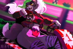 Size: 1000x680 | Tagged: safe, artist:skeleion, roxanne wolf (fnaf), canine, mammal, wolf, anthro, five nights at freddy's, five nights at freddy's: security breach, 2022, breasts, clothes, ears, female, green hair, hair, kart, long hair, multicolored hair, solo, solo female, tail, thick thighs, thighs, two toned hair, white hair