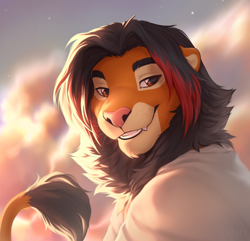 Size: 950x915 | Tagged: safe, artist:smileeeeeee, oc, oc only, oc:zver, big cat, feline, lion, mammal, anthro, 2022, black hair, bust, clothes, cream body, cream fur, fur, hair, leonine tail, looking at you, male, mane, multicolored hair, orange body, orange fur, portrait, red hair, smiling, solo, solo male, tail, topwear, two toned hair, whiskers