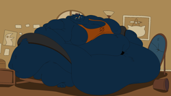 Size: 2000x1125 | Tagged: suggestive, artist:mr.spiffy, mae borowski (nitw), cat, feline, mammal, anthro, night in the woods, 16:9, fat, female, hyper, immobile, morbidly obese, wallpaper, weight gain