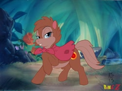 Size: 1000x750 | Tagged: dead source, safe, alternate version, artist:kensingshow, mrs. brisby (the secret of nimh), earth pony, equine, fictional species, mammal, pony, feral, hasbro, my little pony, sullivan bluth studios, the secret of nimh, 2d, colored, crossover, female, flower, looking at you, mare, plant, ponified, solo, solo female, ungulate