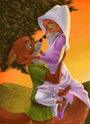 Size: 4000x5500 | Tagged: safe, artist:hareluca, maid marian (robin hood), robin hood (robin hood), canine, fox, mammal, red fox, anthro, disney, robin hood (disney), absurd resolution, bloomers, canon ship, couple, female, looking at each other, male, male/female, shipping, vixen