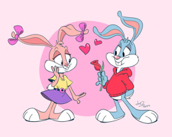 Size: 1024x817 | Tagged: safe, artist:juneduck21, babs bunny (tiny toon adventures), buster bunny (tiny toon adventures), lagomorph, mammal, rabbit, anthro, tiny toon adventures, warner brothers, 2022, 2d, duo, female, flower, heart, male, male/female, plant, rose