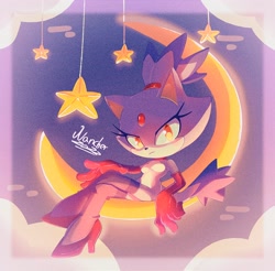 Size: 2152x2118 | Tagged: safe, artist:nancher, colorist:nahommil, blaze the cat (sonic), cat, feline, mammal, anthro, sega, sonic the hedgehog (series), 2022, crescent moon, female, looking at you, moon, solo, solo female, stars