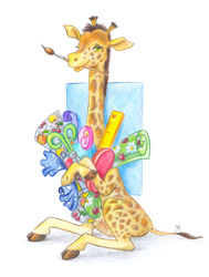Size: 600x795 | Tagged: safe, artist:jkbunny, giraffe, mammal, feral, ambiguous gender, looking at you, paintbrush, paper, poster, ruler, scissors, sitting, solo, solo ambiguous, ungulate
