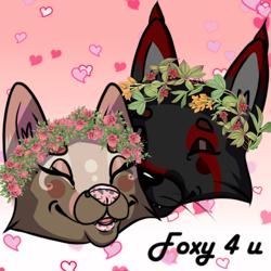 Size: 1000x1000 | Tagged: safe, artist:iscafox, oc, canine, fox, mammal, anthro, chibi, commission, couple, cute, digital art, female, flower, fur, fursona, heart, husband, husband and wife, love, male, married couple, painting, plant, vixen, wife