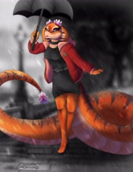 Size: 3165x4096 | Tagged: safe, artist:endeevix, reptile, snake, anthro, big tail, clothes, dress, female, flower, flower on head, jacket, long tail, rain, solo, solo female, tail, topwear, umbrella