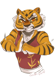 Size: 2059x2912 | Tagged: safe, artist:corelle-vairel, master tigress (kung fu panda), big cat, feline, mammal, tiger, anthro, dreamworks animation, kung fu panda, 2016, 2d, female, front view, gritted teeth, looking at you, simple background, solo, solo female, teeth, three-quarter view, tigress, white background
