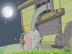 Size: 1024x774 | Tagged: safe, artist:fredvegerano, dumbo (character), mrs. jumbo (dumbo), elephant, mammal, feral, disney, dumbo (film), 2d, crying, duo, emotional, eyes closed, female, full moon, male, moon, mother, mother and child, mother and son, night, night sky, proboscis, sad, sky, son, stars, trunk, young