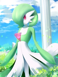 Size: 1575x2100 | Tagged: safe, artist:sana!rpg, fictional species, gardevoir, anthro, nintendo, pokémon, 2022, bushes, detailed background, digital art, ears, eyelashes, female, hair, looking at you, one eye closed, solo, solo female