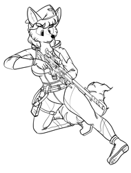 Size: 6300x8300 | Tagged: safe, artist:arrjaysketch, oc, oc only, oc:mewies, canine, fox, mammal, anthro, plantigrade anthro, absurd resolution, beret, clothes, ears, female, fur, gun, hair, hat, headwear, rifle, shoes, simple background, solo, solo female, tail, vixen, weapon, white background