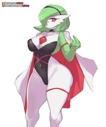 Size: 1067x1280 | Tagged: safe, artist:girlsay, fictional species, gardevoir, anthro, nintendo, pokémon, 2022, breasts, cape, clothes, digital art, ears, evening gloves, eyelashes, female, gloves, hair, legwear, long gloves, looking at you, one eye closed, simple background, solo, solo female, stockings, suit, thighs, white background, wide hips