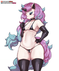 Size: 1067x1280 | Tagged: suggestive, artist:girlsay, fictional species, galarian ponyta, mammal, ponyta, anthro, nintendo, pokémon, 2022, belly button, blushing, breasts, cameltoe, clothes, digital art, ears, evening gloves, eyelashes, female, fur, gloves, hair, hand on hip, horn, latex, latex gloves, latex stockings, legwear, long gloves, looking at you, nipple outline, simple background, small breasts, solo, solo female, stockings, tail, thighs, white background, wide hips