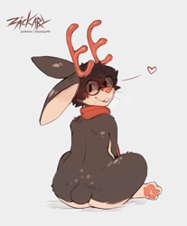 Size: 1299x1570 | Tagged: safe, artist:zackary911, fictional species, jackalope, lagomorph, mammal, anthro, 2022, antlers, butt, clothes, complete nudity, floppy ears, hair, heart, looking at you, looking back, looking back at you, male, nudity, paw pads, paws, rear view, scarf, short tail, signature, sitting, solo, solo male, tail, whiskers