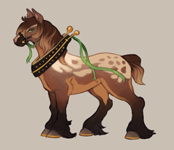 Size: 928x803 | Tagged: safe, artist:hoot, equine, horse, mammal, feral, 2022, ambiguous gender, bridle, brown body, brown fur, cream body, cream fur, fur, green eyes, hair, hooves, horse collar, mane, side view, simple background, solo, solo ambiguous, spotted fur, tack