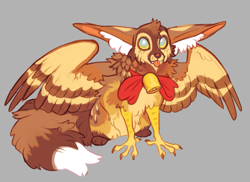 Size: 963x700 | Tagged: safe, artist:hoot, barn owl, bird, bird of prey, canine, enfield, fictional species, fox, mammal, owl, feral, 2022, ambiguous gender, big ears, bird feet, blep, colored pupils, colored sclera, dipstick tail, ear fluff, ears, feathered wings, feathers, fluff, fur, paws, sitting, solo, solo ambiguous, spread wings, tail, tongue, tongue out, wings