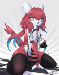 Size: 961x1230 | Tagged: suggestive, artist:rilexlenov, fictional species, latias, legendary pokémon, anthro, nintendo, pokémon, 2022, breasts, clothes, ears, female, fishnet, fishnet clothing, hair, looking at you, nipple tape, red hair, see-through, smiling, smiling at you, solo, solo female, tape, thick thighs, thighs