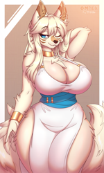 Size: 1125x1875 | Tagged: safe, artist:complextree, oc, oc only, oc:aki (teranen), canine, jackal, mammal, anthro, 2022, border, breasts, commission, cream hair, ear fluff, female, fluff, hair, huge breasts, long hair, looking at you, smiling, smiling at you, solo, solo female, tail, thick thighs, thighs, white border