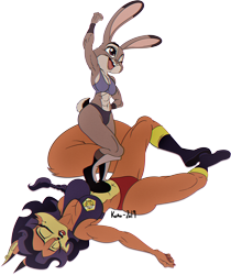 Size: 840x1000 | Tagged: suggestive, artist:koro, carmelita fox (sly cooper), judy hopps (zootopia), canine, fox, lagomorph, mammal, rabbit, anthro, disney, sly cooper (series), zootopia, boots, bottomwear, cheering, clothes, duo, female, fighting, knocked out, knockout, muscles, shoes, shorts, shortstack, simple background, sleeping, sports bra, topwear, transparent background, winner, wrestling