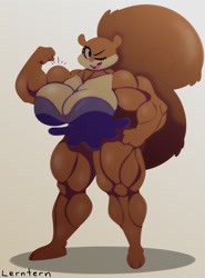 Size: 945x1280 | Tagged: suggestive, artist:lerntern, sandy cheeks (spongebob), mammal, rodent, squirrel, anthro, nickelodeon, spongebob squarepants (series), bikini, breasts, clothes, female, huge breasts, looking at you, muscles, muscular female, one eye closed, open mouth, solo, solo female, swimsuit, winking
